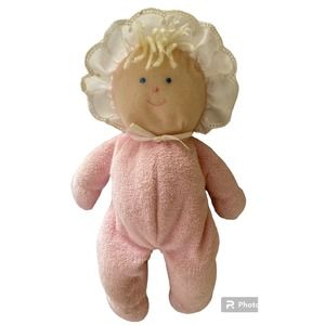 Vintage Eden Baby Doll Girl Pink Terrycloth Blonde Yarn Hair Plush Lovey Gingham